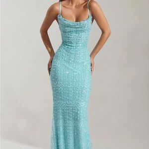 Oh Polly Embellished Cowl-Neck Backless Maxi Dress in Aqua Blue